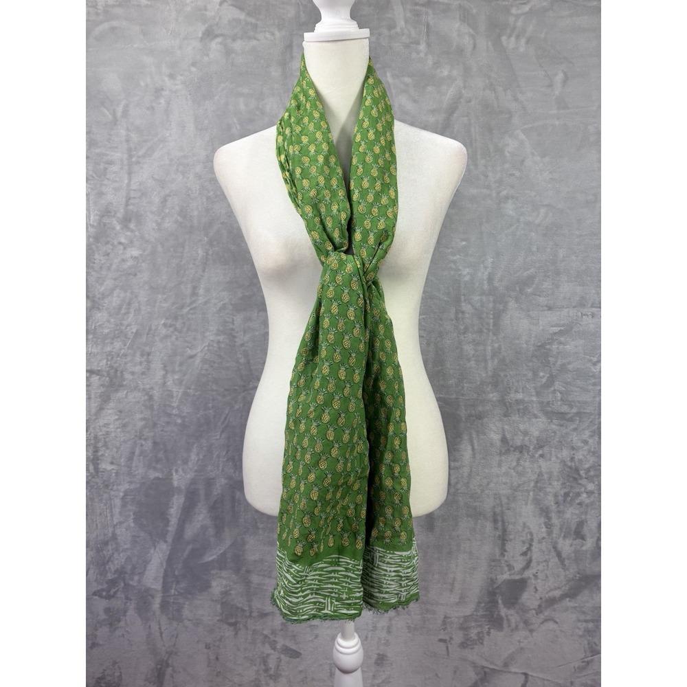 Talbots Green Pineapple Print Cotton Silk Blend Lightweight Scarf Wrap Fringe